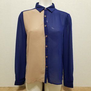 Honey Punch top Medium colorblock button up down sheer side split HT2592